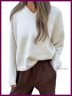 Womens Cozy Chunky Knit Pullover V-Neck Long Sleeve Winter Sweater Dressy Casual